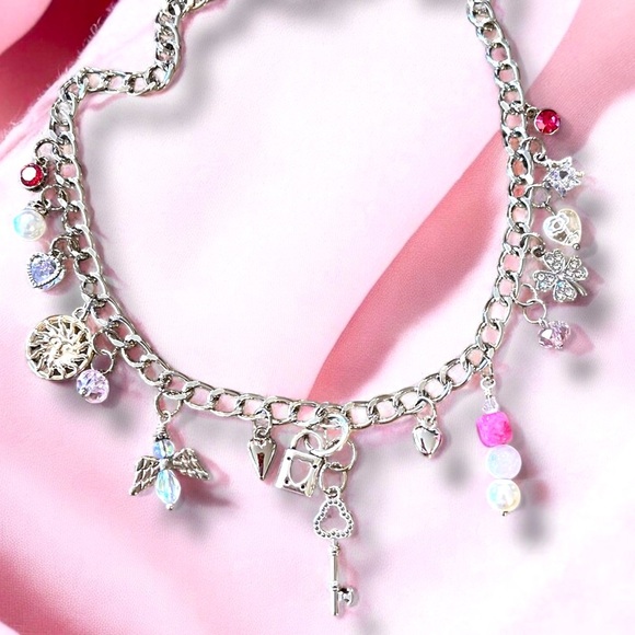 Pink and Silver toned Charm necklace with Love and Luck charms Rose Quartz 20” - Picture 1 of 15